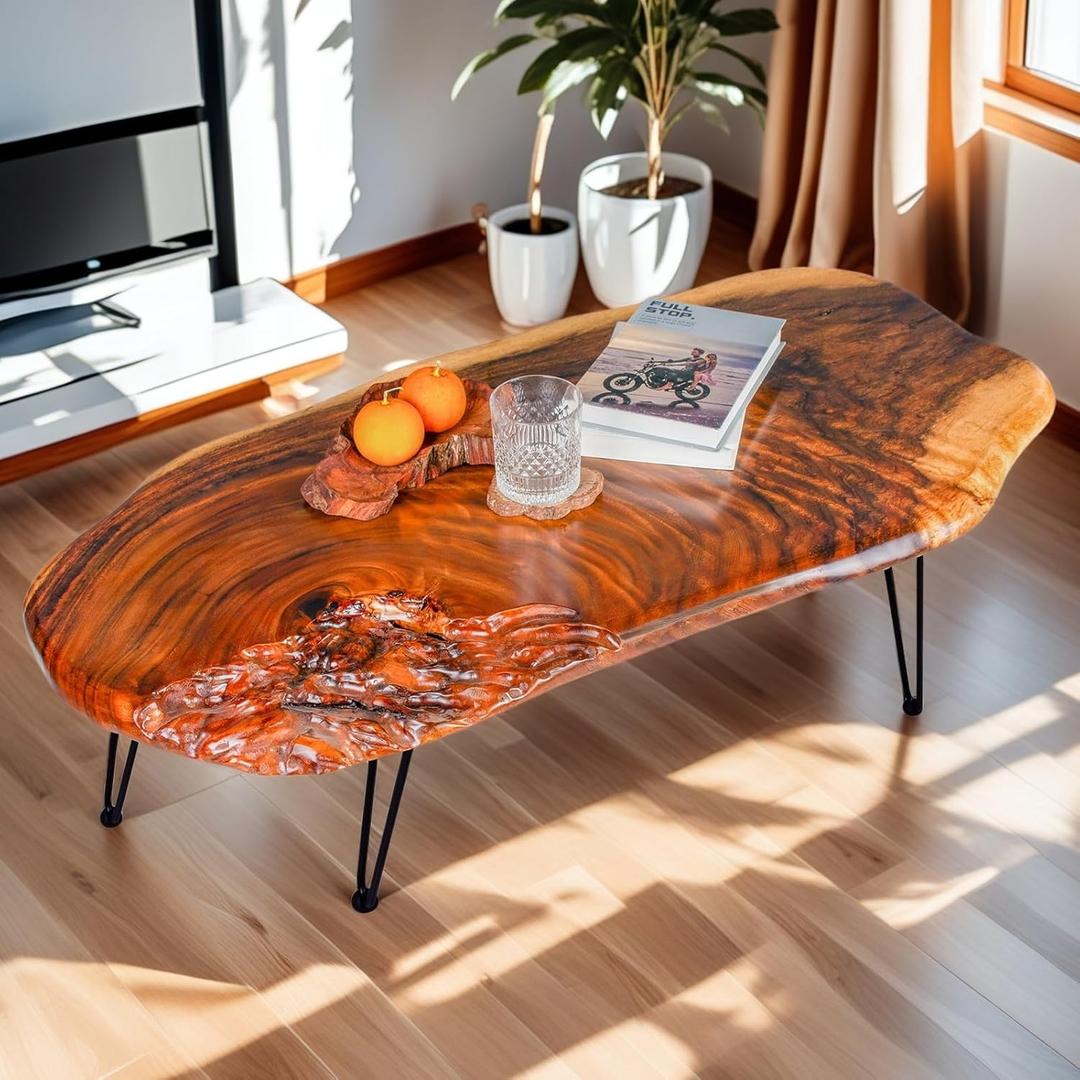 Live Edge Walnut Coffee Table Unique Rustic Design - Irregular Natural Wooden Edges, Solid Wood