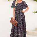Dokotoo Womens Dresses 2025 Square Neck Tie Backless Summer Dresses Cap Sleeve Floral Buttoned Empire Waist Maxi Dress (S)