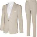 Linen Men Suit Set Casual Tuxedo 2 Piece Regular Fit Blazer One Button Solid Jacket and Pants for Prom Wedding Party (Beige, XXL)