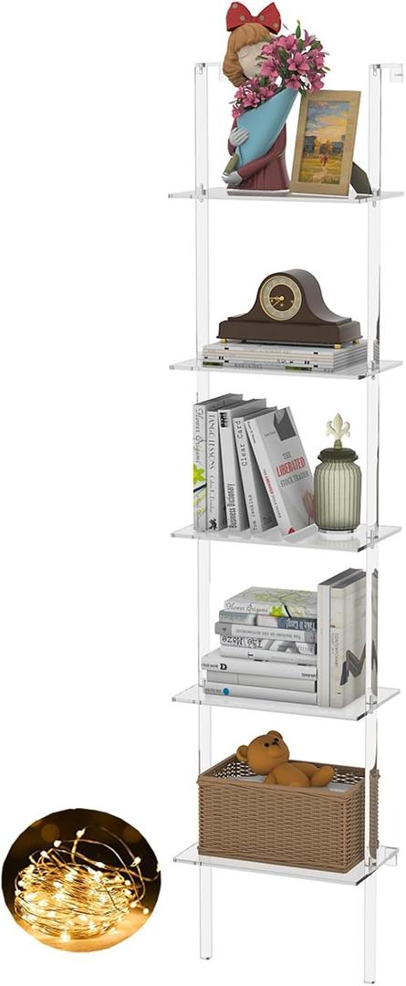 Nynelly 5-Tier Acrylic Ladder Bookshelf, Wall Mounted Narrow Display Shelf for Small Spaces, Clear Organizer Bookcase for Living Room, Bathroom, Office, Multipurpose Open Shelf Unit