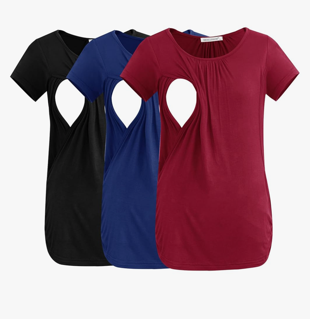 Smallshow Women's Nursing Tops Ruched Short Sleeve Breastfeeding Shirts 3-Pack, Size M , Black - Navy–Wine