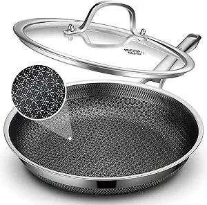 Frying Pan with Lid, 12 Inch Hybrid Non Stick Stainless Steel Skillets, Dishwasher Induction Oven Broiler Safe, Non Toxic Chef's Pan, PFOA Free Cookware