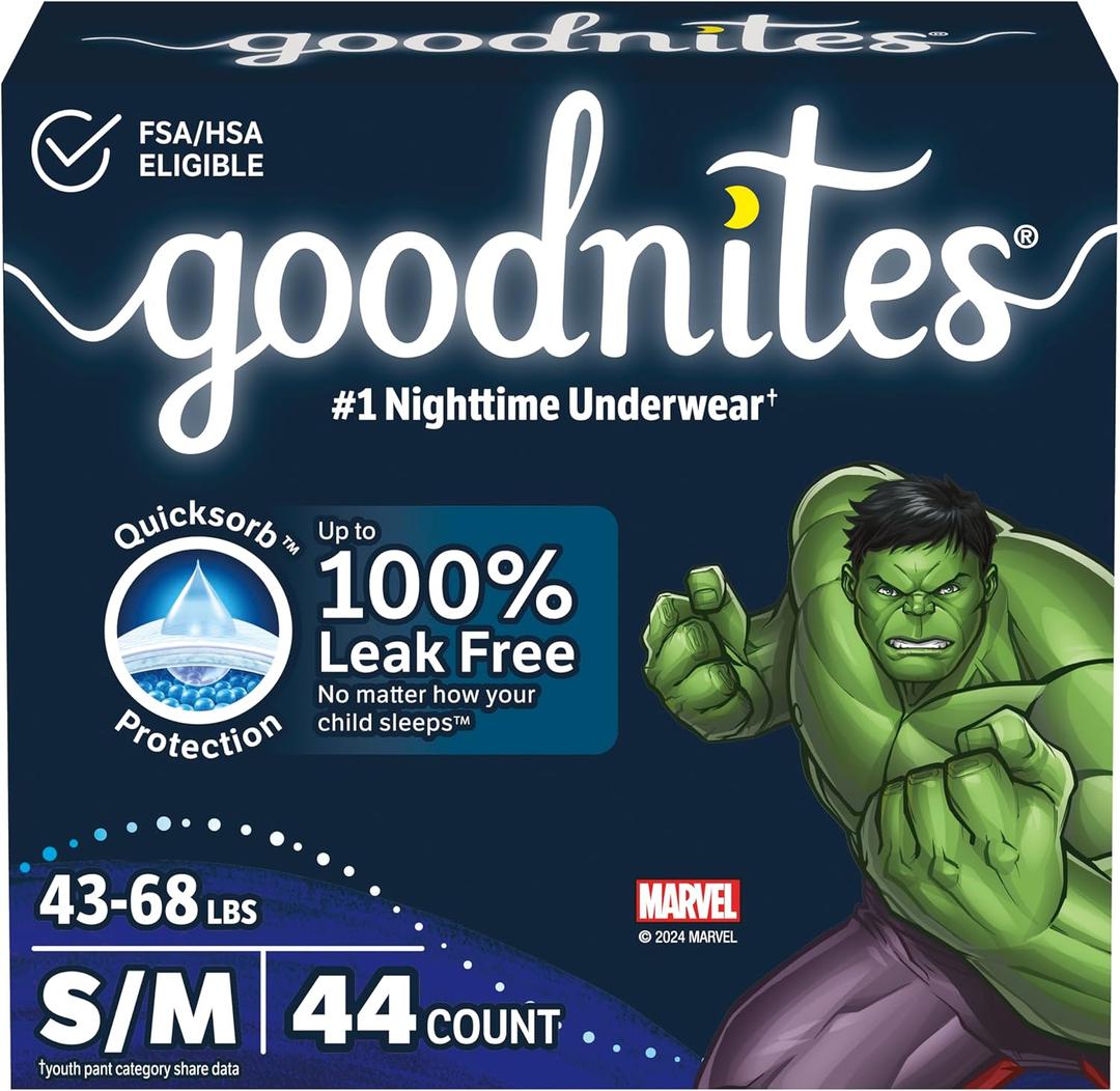 Goodnites Boys' Nighttime Bedwetting Underwear, Size S/M (43-68 lbs), 44 Ct (2 Packs of 22), Packaging May Vary (Small/Medium)