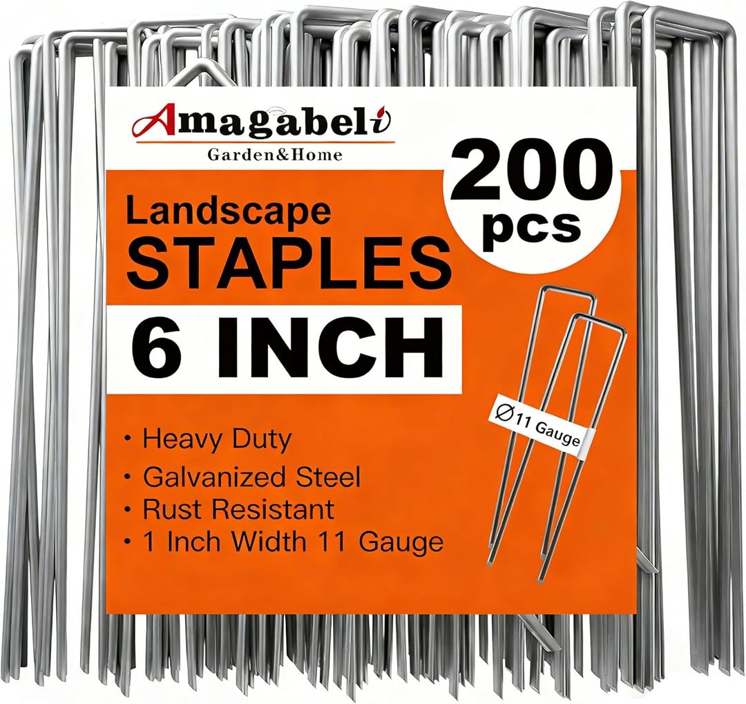 AMAGABELI 6 Inch 200 Pack Galvanized Landscape Staples 11 Gauge Anti-Rust Heavy Duty Garden Stakes Plant Cover Spikes U-Shaped Sod Pins Fence Stakes for Weed Barrier,Irrigation Tubing,Lawns,Decoration