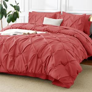 CozyLux Queen Comforter Set Coral, 7 Pieces Pintuck Bed in A Bag, All Season Comforter Queen Size, Bed Set Gift for Family, Pinch Pleat Bedding Sets with Comforter, Sheets, Pillowcases & Shams
