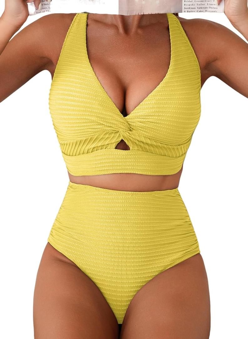 Herseas Women's Textured Bikini Sets Twist Front Top Swimsuits High Waisted Bathing Suits S