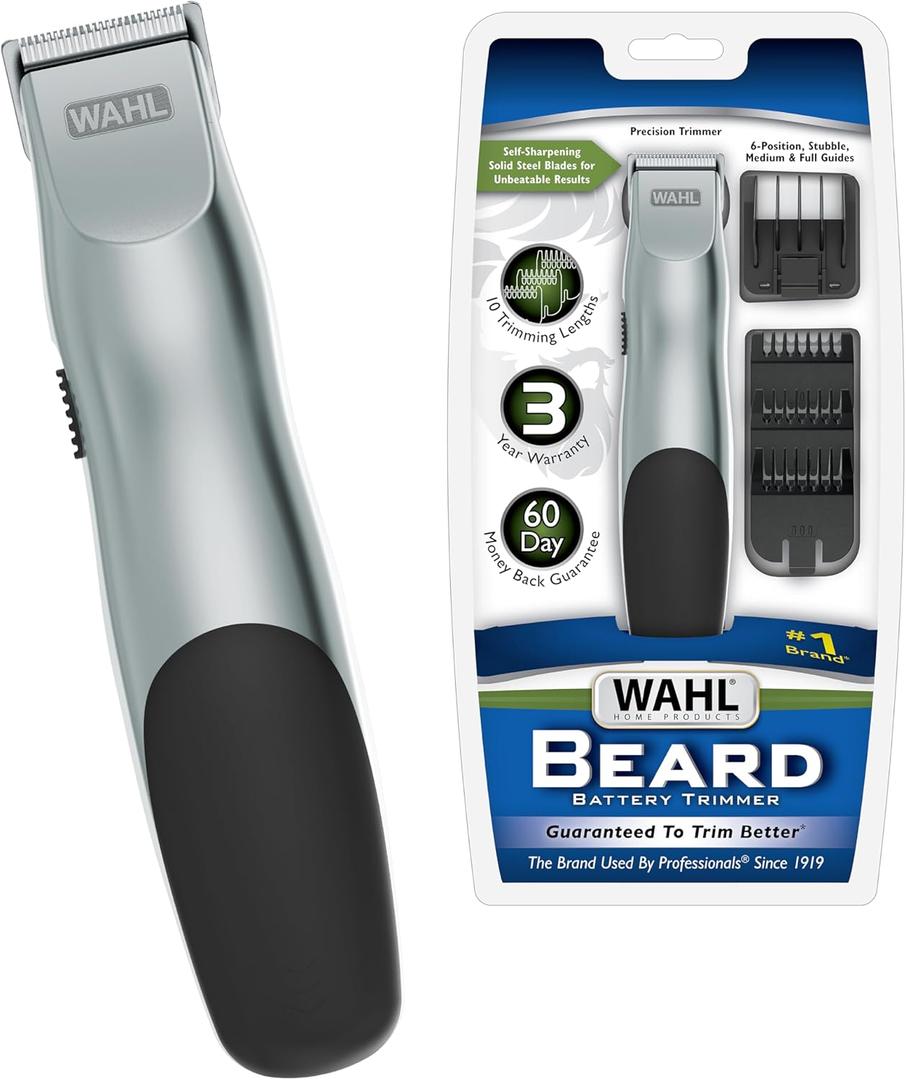 Wahl Groomsman Battery Operated Facial Hair Trimmer for Beard & Mustache Trimming Including Light Detailing and Body Grooming  Model 9906-717V (Silver)
