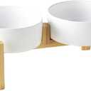 Elevated Ceramic Dog Bowl Set - Raised Dog Bowls with Non Slip Bamboo Stand, Food and Water Bowl Set for Kitty, Cats and Toy Breed Dogs, Pet Bowls, Weighted Dogs Dishes (5.1'', 2*16OZ, White)
