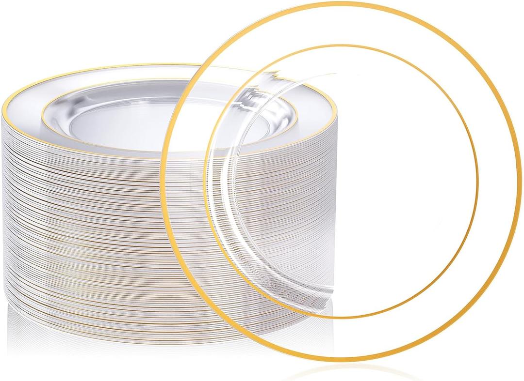 FOCUSLINE 100 Count 10 Inch Clear and Gold Plastic Plates, Disposable Heavy Duty Clear Plates with Gold Rim, Premium Hard Plastic Plate Fancy Disposable Dinner Plate for Wedding Parties (10 Inch Clear Gold Rim Plates)