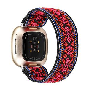 TOYOUTHS Compatible with Fitbit Sense/Sense 2 Band/Versa 3/Versa 4 Bands Women Men Dressy Elastic Nylon Fabric Strap Stretchy Sport Wristband Accessories Replacement for Fitbit Versa 4, Boho Red/Small