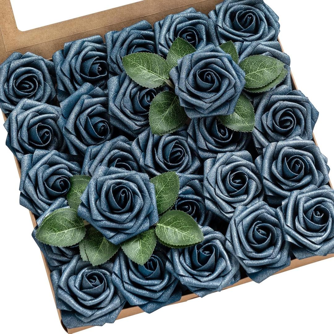 Ling's Moment Artificial Flowers 25Pcs Navy Blue Roses Decor w/Stems,3" Real Touch DIY Foam Floral for Wedding Bouquet/Centerpieces, Outdoors Party Backdrop, Room/Table, and Garden/Pot Decorations