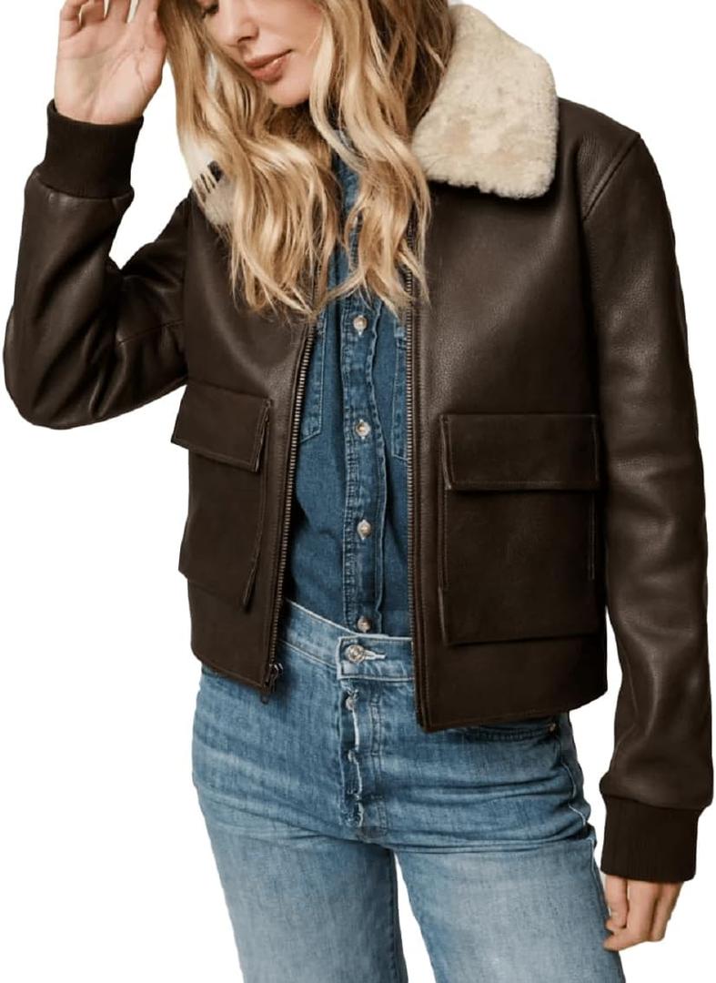 Isaac & David Chicago Womens A2 Aviator Removable Fur Collar Leather Jacket Women Genuine A-2 Aviator Leather Bomber Jacket (Medium)