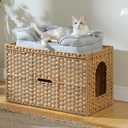 MUTTROS Rattan Cat Litter Box Enclosure - Extra Large Hidden Litter Box Furniture by Handwoven Wicker with Taller Doorway & Raised Edge Mat-Cat House Cabinet for Large Cats Indoor Odor Control, Beige