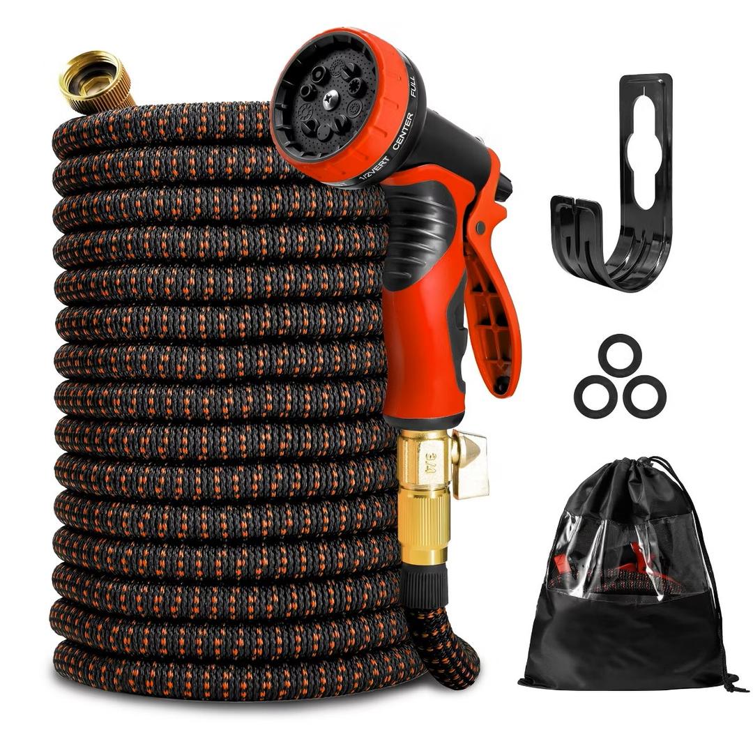 KOTTO Expandable Garden Water Hose, 10 Spray Nozzles, Anti-Rust Solid Brass Connector, Lightweight No-Kink Flexible - Red 50ft