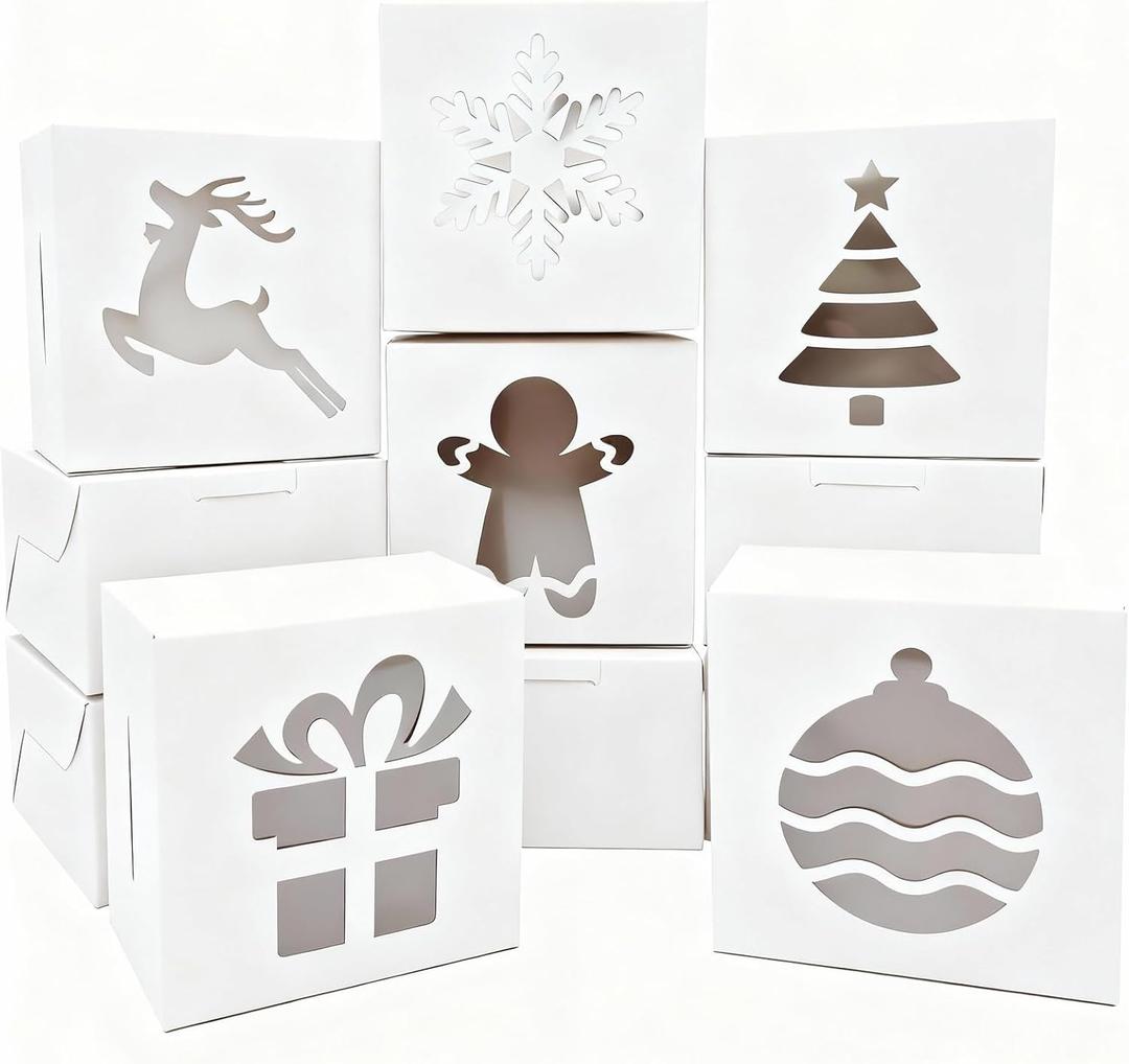 24 PCS Christmas Cookie Boxes White Bakery Treat Boxes with Window, Christmas Cookie Containers for Gift Giving, Holiday Party Favor Pastries, Cupcakes, Donuts, Brownies, 4"x 4"x 2.5"