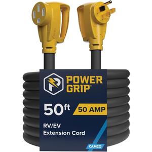 Camco Power Grip 50-Ft 50 Amp RV Extension Cord - Rated for 125/250 V/12,500 W - Features Copper 6/3 + 8/1-Gauge Wires for Superior Conductivity & Coated w/Heat-Resilient PVC (55199)