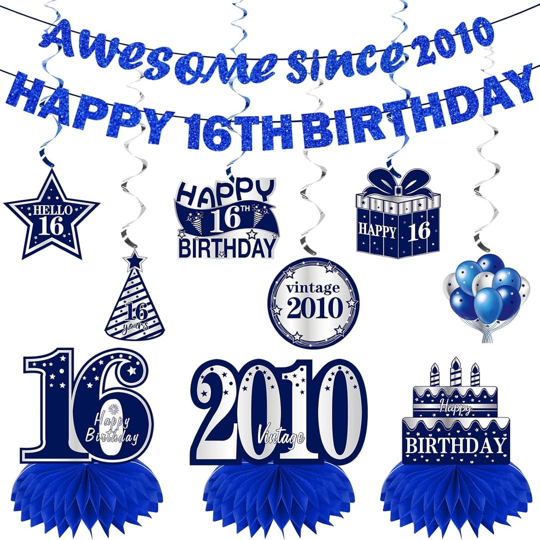 Kuxriox 11Pcs 16th Birthday Decorations Kit for Boys Men, Blue Sliver Happy 16th Birthday Banner, Awesome Since 2010 Centerpieces Swirls Party Supplies, Sixteen Bday Banner Ceiling Table Topper Sign