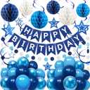 Birthday Decorations, Easy to Assemble Blue Happy Birthday Banner with Honeycomb Ball, Balloon, Hanging Swirl Streamer, Garland, Happy Birthday Party Decorations for Women Men Boys Girls