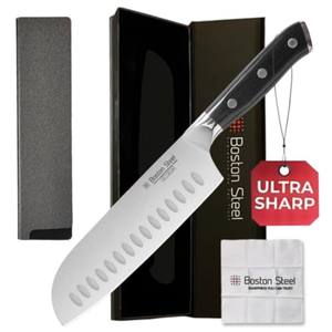 Boston Steel Santoku Knife 7 Inch – Ultra Sharp High Carbon Stainless Steel Kitchen Knife, Professional 7” Santoku Knife with Ergonomic Handle for Home & Restaurant, Culinary Cooking Knife