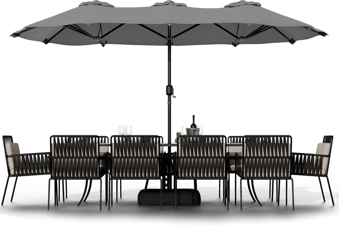 Shintenchi 16FT Large Patio Umbrella with Base, Outdoor Double-Sided Rectangular Umbrella, Market Umbrella with Crank Handle for Poolside Lawn Garden, Gray (Grey)