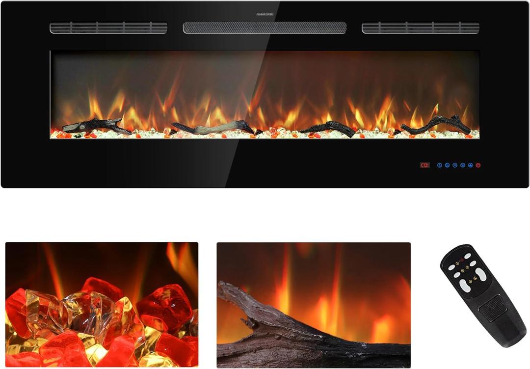48 inches Electric Fireplace Inserts, Recessed and Wall Mounted Fireplace Heater, Linear Fireplace w/Thermostat, Remote & Touch Screen, Multicolor Flame, Timer, Log & Crystal, 750W/1500W (Black)
