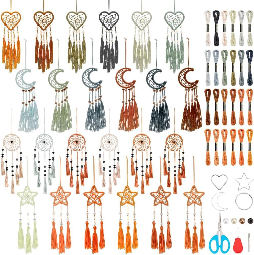 INFUNLY 24 Set DIY Small Dream Catcher Kit Neutral Colors Mini Dream Catcher Kit Star/Moon/Heart/Round Handmade Dreamcatcher Kit with Instructions Hanging Ornament for Bedroom Car Mirror Keychain Bag