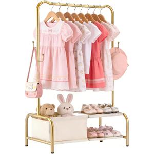 Kids Clothing Rack-Portable Kids Clothing Rack with Storage Shelf - Toddler Garment Organizer for Baby Clothes, Dance Costumes, Girls Gift Ideas(YJ-gold, 31.1"D x 15.3"W x 45.2"H)