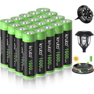 Kruta 20-Pack Rechargeable AA Batteries Pre-Charged, 1600mah NiMH Rechargeable AA Solor Batteries Double A Battery for Outdoor Solar Lights and Household Devices