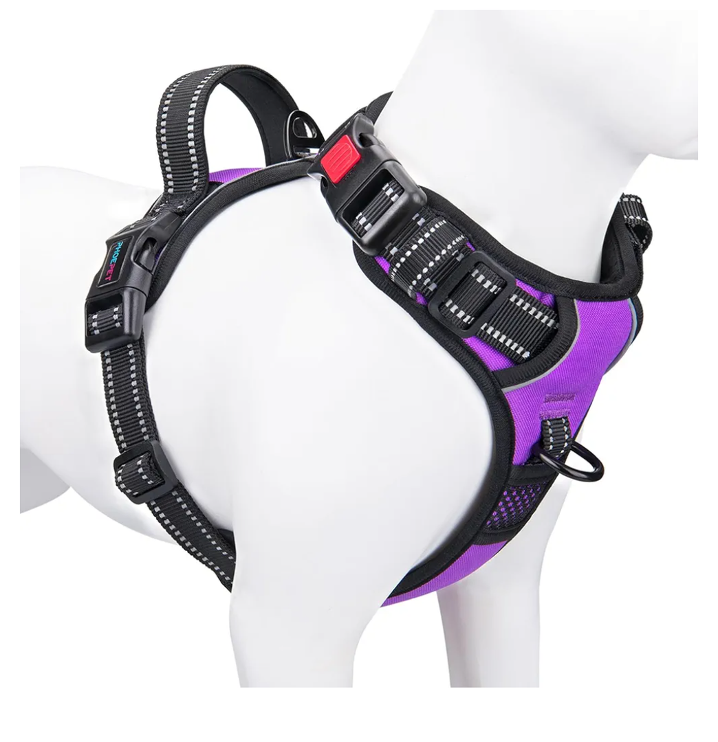 PHOEPET No Pull Dog Harness Medium Reflective Front Clip Vest with Handle,Adjustable 2 Metal Rings 3 Buckles,[Easy to Put on & Take Off](M, Purple)