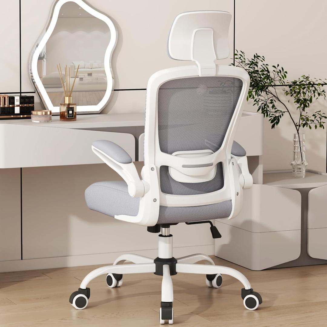 Mimoglad Office Chair, High Back Ergonomic Desk Chair with Adjustable Lumbar Support and Headrest, with flip-up Armrests for Guitar Playing (Moon Grey)