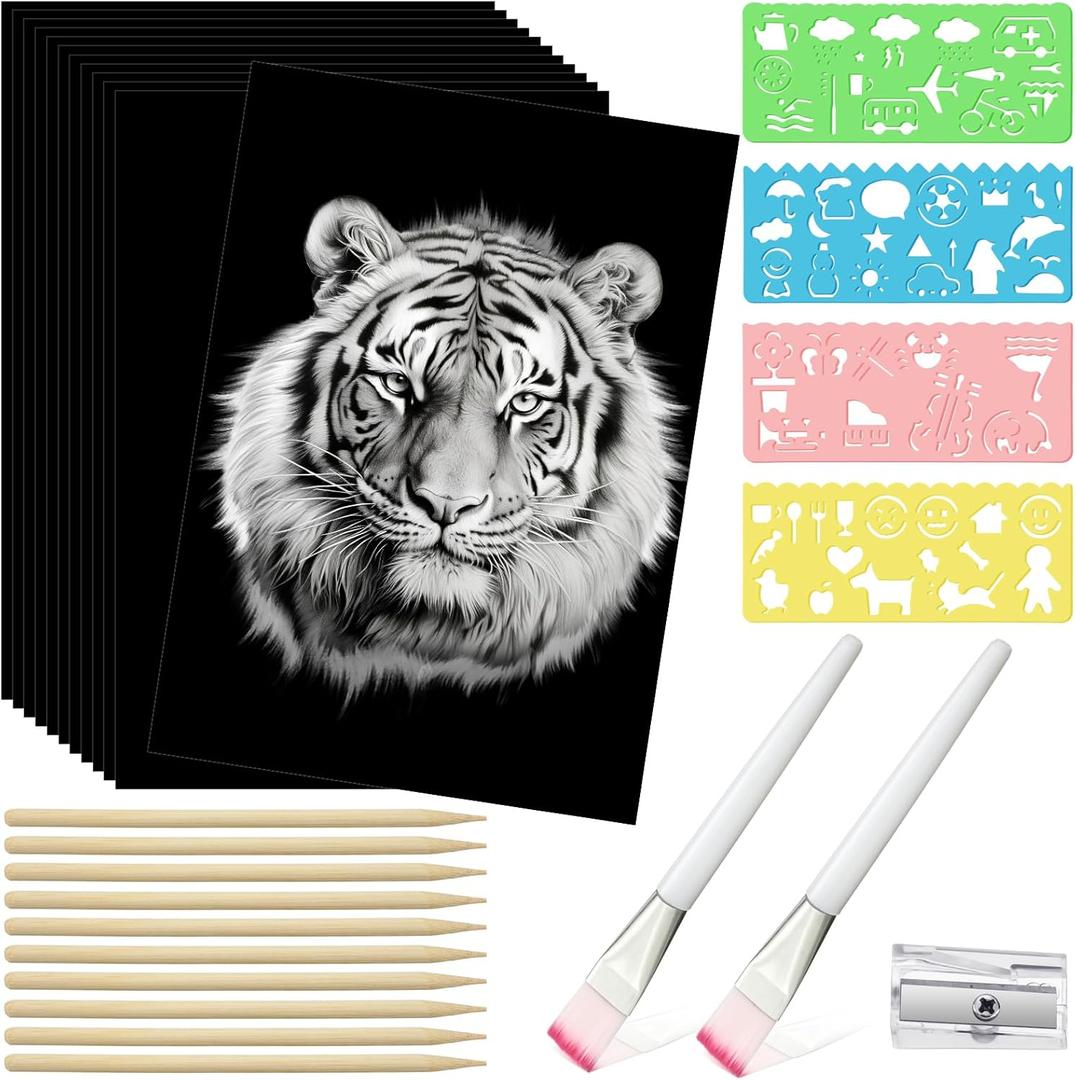 50 Sheet Black Scratch Paper Art Set 8. 5 x 11 Inch Coated Scratchboard Scratch Paper with Wooden Stylus Sharpener and Stencils DIY Painting Art for Adults