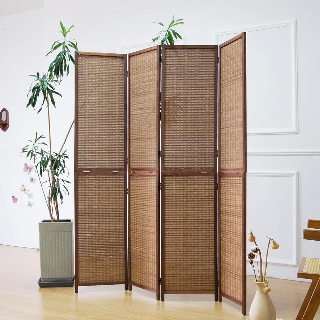 Furnnylane 4 Panel Detachable Room Divider, 5.6 ft Tall Two in One Bamboo Privacy Screen (Converts into 2 Low Dividers), Folding Panel Divider for Room Separation, Natural Brown (67" H x 61.4" W)
