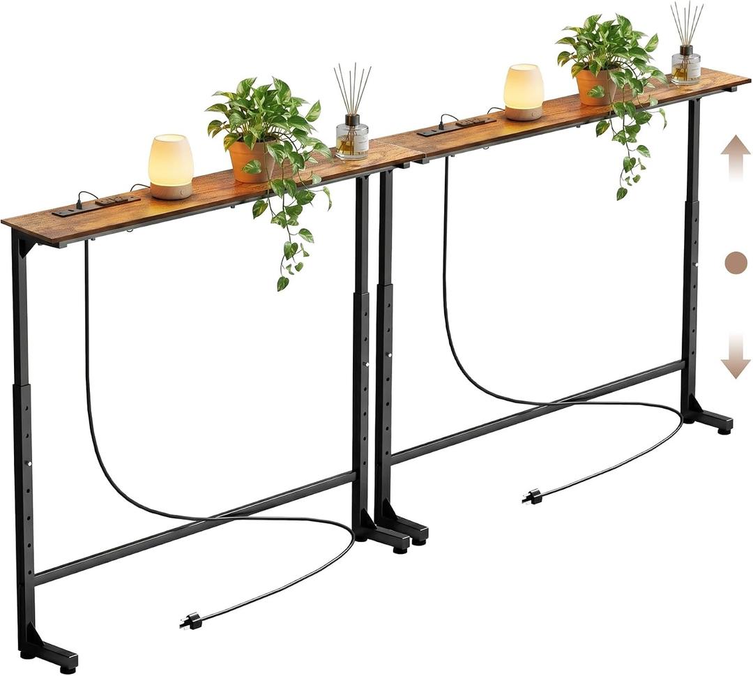 Adjustable Height Narrow Sofa Table with Built-in Power Outlets, 78" Long Console Table Behind Couch Table with Charging Station Skinny Entryway Table for Living Room & Hallway (Rustic Brown), 78IN