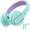 Kids Headphones, AILIHEN I35 On-Ear Headphones for School, 93dB HD Mic Stereo Headphone for Kid Girls Children, Foldable Wired 3.5mm for Chromebook, Laptop, Computer, Tablet (Green Purple)