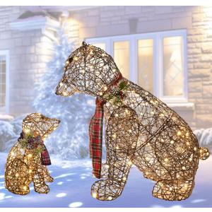 Lighted Polar Rattan Bear Family 2PCS - HOYECHI Large All-Weather Light Up Outdoor Christmas Décor for Front Yard and Lawn with 140 LED Lights, Zip Ties, and Ground Stakes