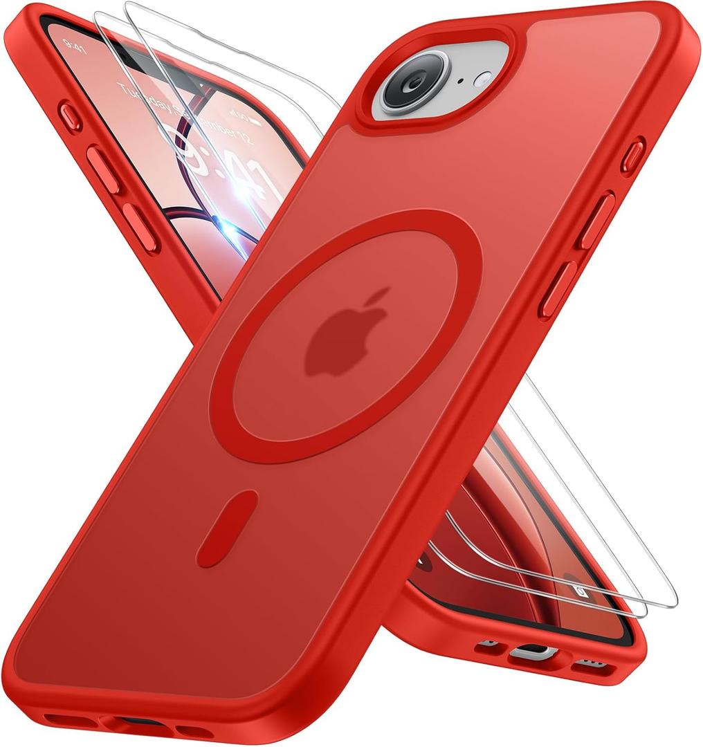Miracase for iPhone 16e case & iPhone 17e Case for MagSafe [with 29H+ Screen Protectors] TOP Military-Grade Protection Shockproof with Velvet Touch for iPhone 16e/17e Phone Case 6.1", Red