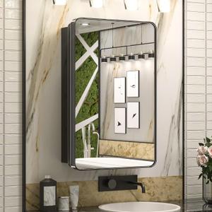 Keonjinn 20 x 32 Inch Black Mirrored Medicine Cabinet, Recessed Medicine Cabinets for Bathroom, Gloss Black Stainless Steel Framed, Adjustable Shelves, In Wall or Surface Mount, Sturdy & Heavy, Modern (Mirror: 20x32)