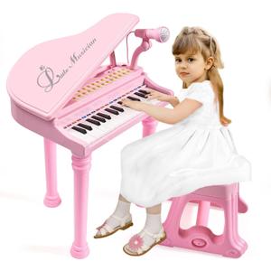 31 Keys Piano Keyboard Toy for Kids, Birthday Gift for 1 2 Year Old GirlsPink Musical Piano Toy for Toddlers with Microphone and Stool
