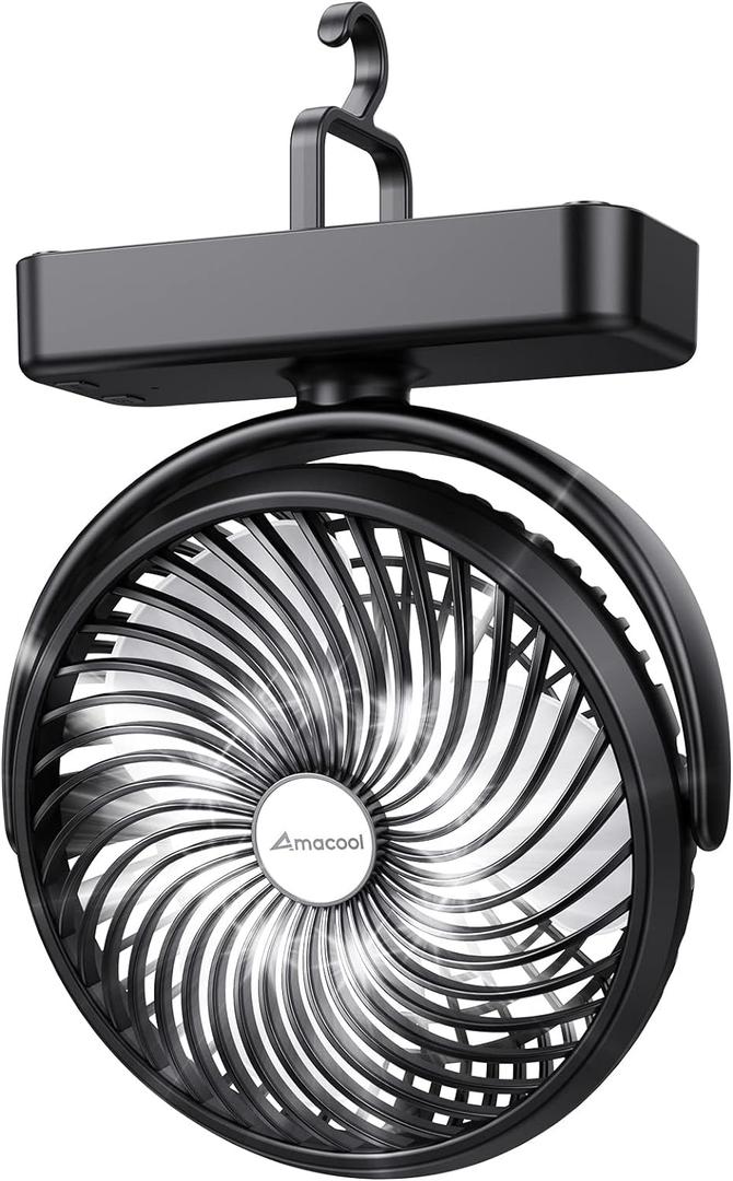 10000mAh Battery Operated Camping Fan with LED Light-7 inch USB Fan with Hanging Hook for Tent Car RV Hurricane Emergency Outage