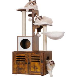 Heybly Cat Tree, Wood Litter Box Enclosure with Food Station, All-in-one Indoor Cat Furniture with Large Platform and Condo, Modern Style Cat Tower, Hammock, Rustic Brown HCT103SR