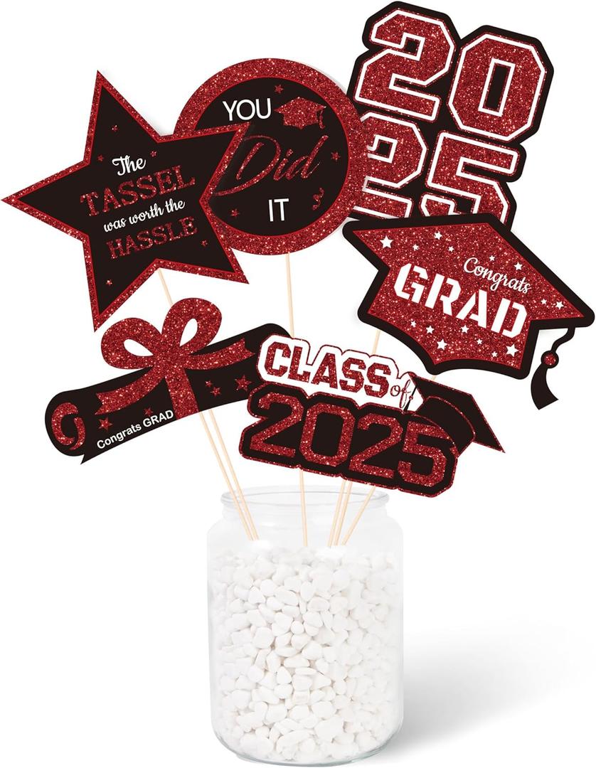 2 x Gexolenu 30 PCS Glitter Black and Red Double-Sided Graduation Centerpieces for Tables, 2025 Graduation Table Toppers Party Centerpiece Sticks Party Supplies, Set of 5
