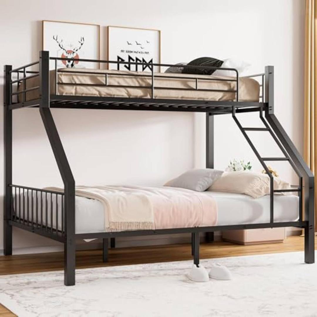 Mixcous Twin XL Over Queen Bunk Bed, Heavy Duty Bunk Bed with EVA Padded Ladder and Full-Length Guardrails, Metal Queen Bed Frame with Slats Support for Adults, Teens, Kids, Black