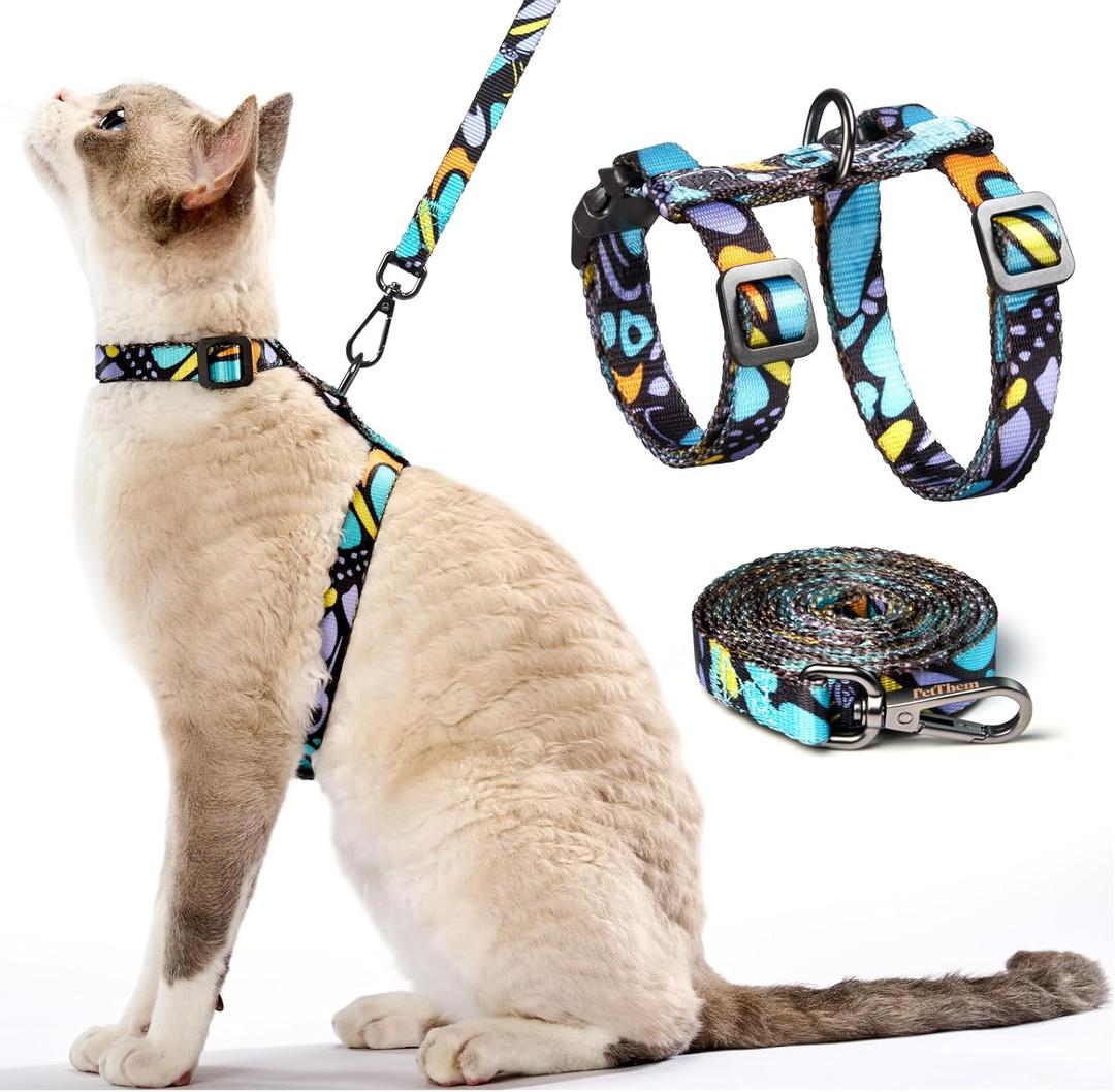 Cat Harness and Leash Set - Escape Proof Adjustable Cat Harness, Comfortable Soft Lightweight, Use Safe & Easy, Walking Travel Kitten Harness for Medium Cats (Blue Butterfly Magic)