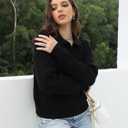 Women's Polo Sweater V Neck Long Sleeve, Pullover Knit Sweaters for Women Lapel Collar (Black, L)