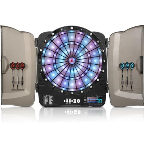 Electronic Dart Board Cabinet Set, Illuminated Target Dartboard for Adults Kids, 48 Games with 315 Variations Soft Tip Digital Dartboard Cabinets with 6 Darts, 100PCS Soft Tips, Plastic Doors