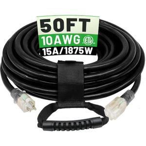50 Ft 10/3 Black Outdoor Extension Cord Waterproof Heavy Duty 10 Gauge 3 Prong, Flexible Cold-Resistant Long Power Cord Outside with Lighted Indicator End, 15Amp 1875W SJTW ETL Listed