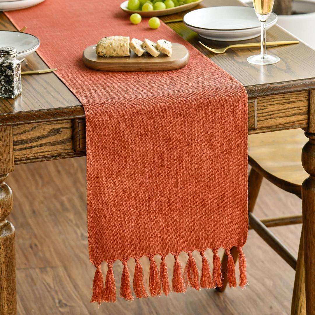 Artoid Mode Terracotta Orange Tassel Table Runner, Fall Linen Blend Rustic Farmhouse Style Kitchen Table Decoration Holiday Wedding Party Dinning Decor 13x90 Inch