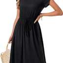 LYANER Women's Ruched Crew Neck Petal Sleeve A Line Drawstring Vacation Knee Length Dress (Black, XL)