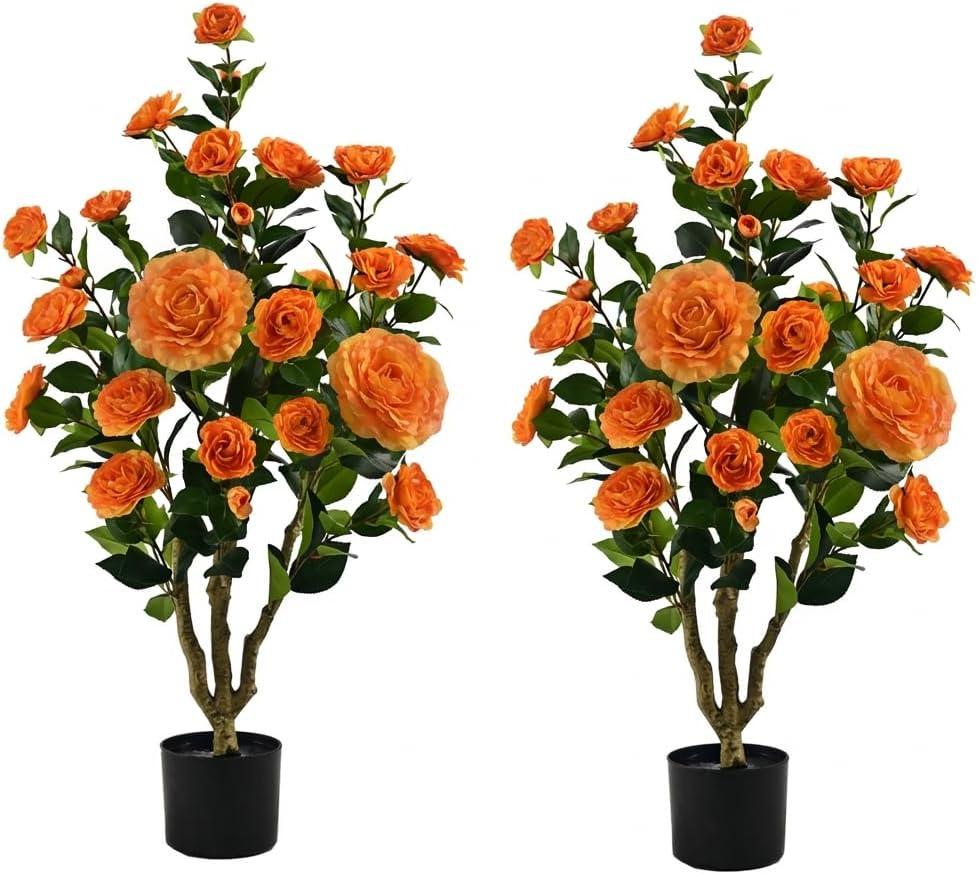 Artificial Camellia Plant in Black Pot - 36 Faux Spring Flower Tree with Realistic Camellia Flower, Fake Flower Tree Perfect for Home Decor, Office Indoor/Outdoor Use (Orange)