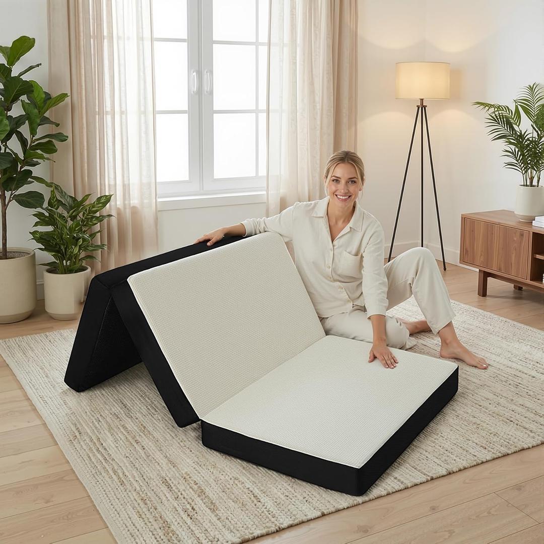 Foldable Mattress Twin Memory Foam Tri Folding Pad Washable, 75x38x4" White | Tri Fold Floor Mattresses, 4 inch Thickness, Removable Cover, Nap Pad, Guest Visitor Sleeping pad ,Travel RV Camping Pad